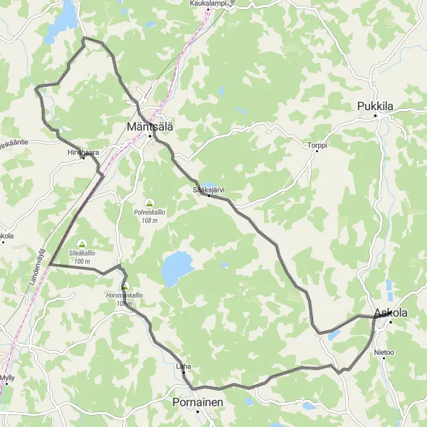 Map miniature of "Monninkylä Road Ride" cycling inspiration in Helsinki-Uusimaa, Finland. Generated by Tarmacs.app cycling route planner