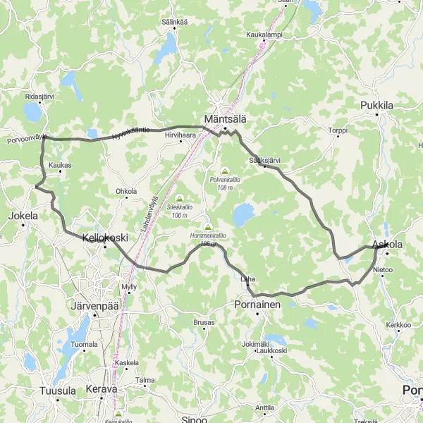 Map miniature of "Monninkylä Circuit" cycling inspiration in Helsinki-Uusimaa, Finland. Generated by Tarmacs.app cycling route planner