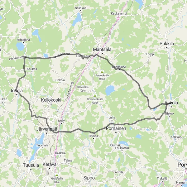 Map miniature of "Monninkylä Epic Road Ride" cycling inspiration in Helsinki-Uusimaa, Finland. Generated by Tarmacs.app cycling route planner
