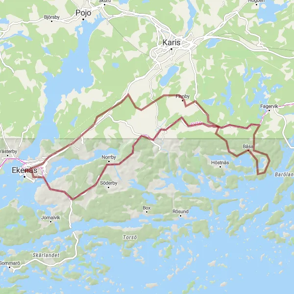 Karttaminiaatyyri "Gravel-seikkailu Länsi-Uudellamaalla" pyöräilyinspiraatiosta alueella Helsinki-Uusimaa, Finland. Luotu Tarmacs.app pyöräilyreittisuunnittelijalla