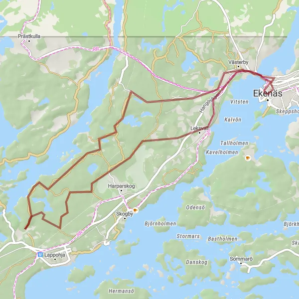 Karttaminiaatyyri "Leksvall - Brunnsberget - Ekenäs" pyöräilyinspiraatiosta alueella Helsinki-Uusimaa, Finland. Luotu Tarmacs.app pyöräilyreittisuunnittelijalla