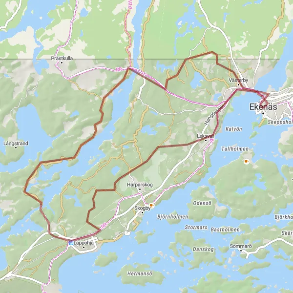 Karttaminiaatyyri "Leksvall - Stagsundsdammen - Brunnsberget - Ekenäs" pyöräilyinspiraatiosta alueella Helsinki-Uusimaa, Finland. Luotu Tarmacs.app pyöräilyreittisuunnittelijalla