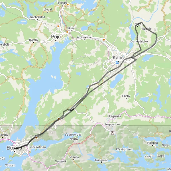 Map miniature of "The Karis Adventure" cycling inspiration in Helsinki-Uusimaa, Finland. Generated by Tarmacs.app cycling route planner