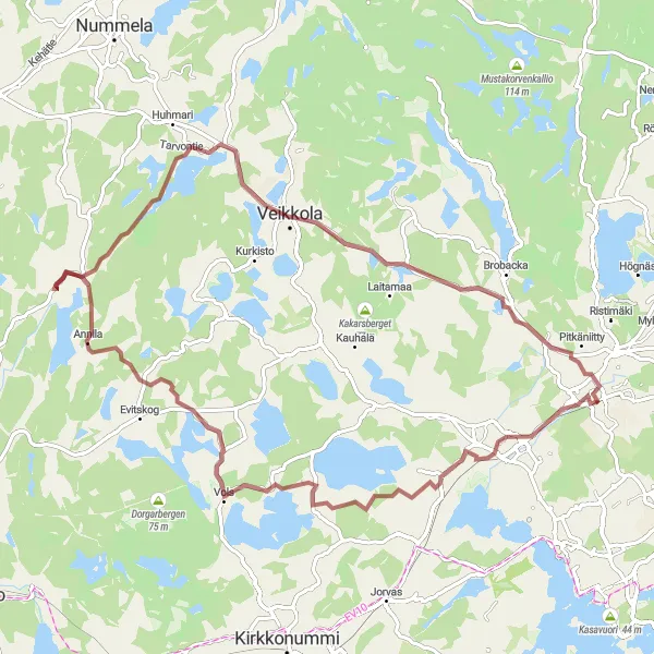 Map miniature of "Espoo-Veikkola Gravel Loop" cycling inspiration in Helsinki-Uusimaa, Finland. Generated by Tarmacs.app cycling route planner