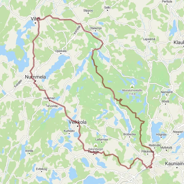 Map miniature of "Espoo-Vihti Gravel Adventure" cycling inspiration in Helsinki-Uusimaa, Finland. Generated by Tarmacs.app cycling route planner