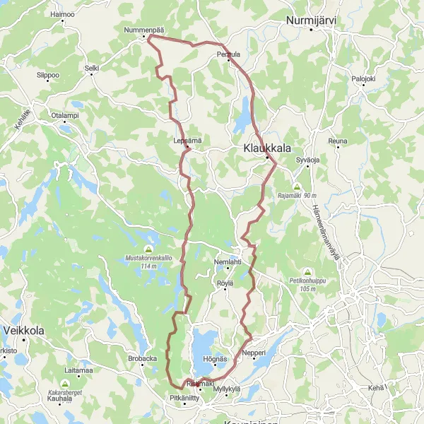 Map miniature of "Lakisto and Lintutorni Gravel Loop" cycling inspiration in Helsinki-Uusimaa, Finland. Generated by Tarmacs.app cycling route planner