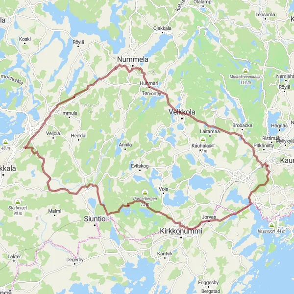 Map miniature of "Espoo and Siuntion kirkonkylä Gravel Adventure" cycling inspiration in Helsinki-Uusimaa, Finland. Generated by Tarmacs.app cycling route planner