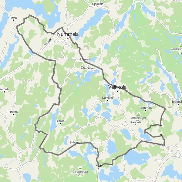 Map miniature of "Vols and Nummela Road Cycling Loop" cycling inspiration in Helsinki-Uusimaa, Finland. Generated by Tarmacs.app cycling route planner