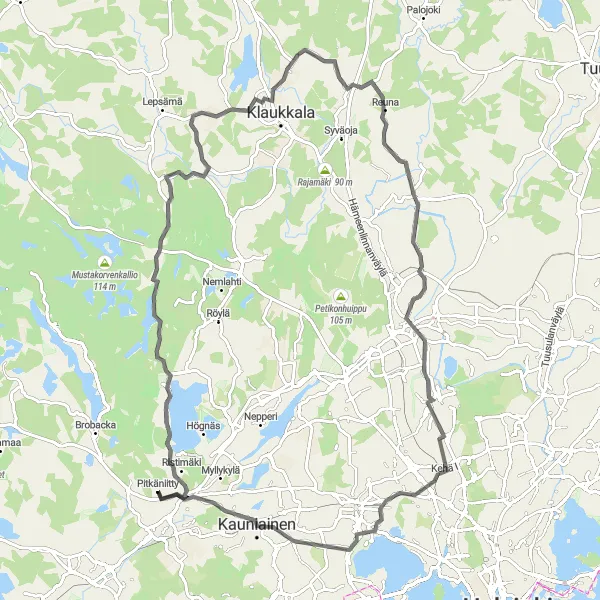 Map miniature of "Lakisto and Kauniainen Road Loop" cycling inspiration in Helsinki-Uusimaa, Finland. Generated by Tarmacs.app cycling route planner