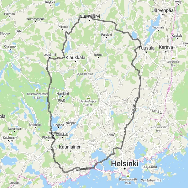 Map miniature of "Espoo-Nurmijärvi Big Loop" cycling inspiration in Helsinki-Uusimaa, Finland. Generated by Tarmacs.app cycling route planner