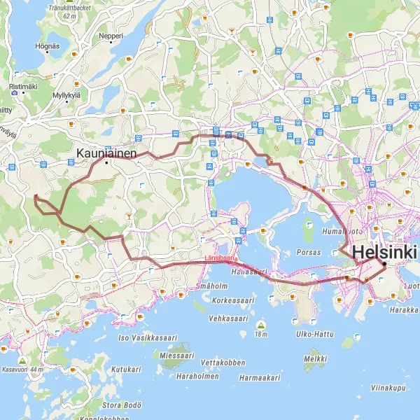 Map miniature of "The Gravel Escape" cycling inspiration in Helsinki-Uusimaa, Finland. Generated by Tarmacs.app cycling route planner