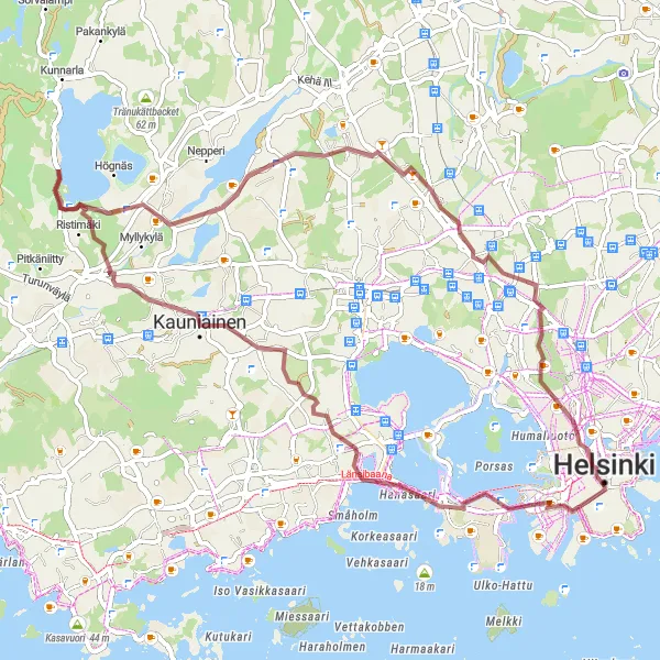 Karttaminiaatyyri "Luontoretki Pohjois-Tapiolasta Ruskeasuolle" pyöräilyinspiraatiosta alueella Helsinki-Uusimaa, Finland. Luotu Tarmacs.app pyöräilyreittisuunnittelijalla