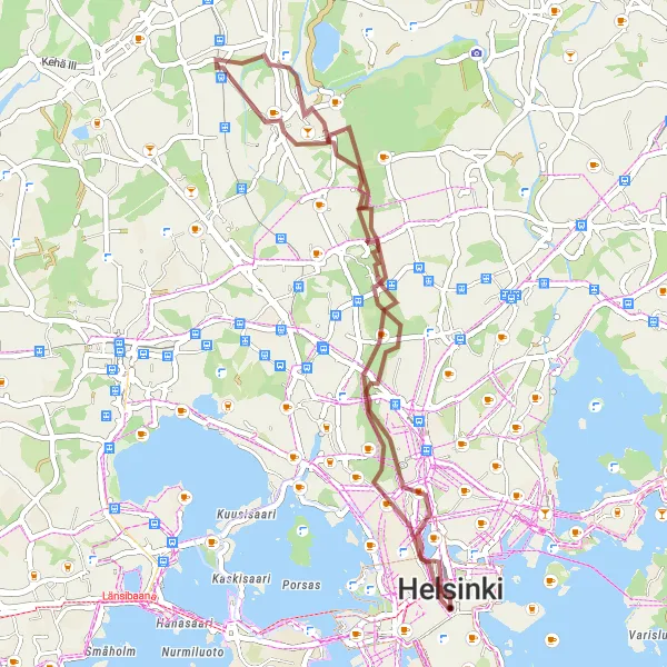 Karttaminiaatyyri "Keskustan kivirengas" pyöräilyinspiraatiosta alueella Helsinki-Uusimaa, Finland. Luotu Tarmacs.app pyöräilyreittisuunnittelijalla