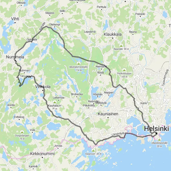 Karttaminiaatyyri "Helsingin ympäri kulttuurikohteita kierrellen" pyöräilyinspiraatiosta alueella Helsinki-Uusimaa, Finland. Luotu Tarmacs.app pyöräilyreittisuunnittelijalla