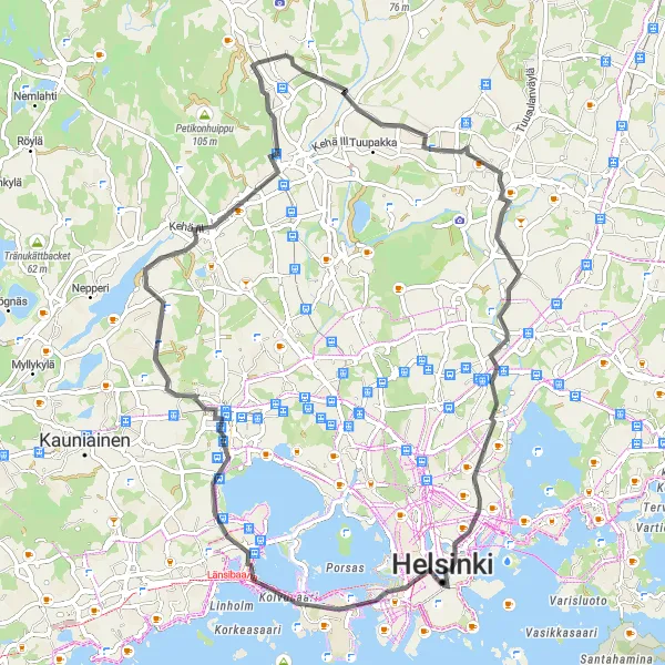 Karttaminiaatyyri "Kaupunkiseikkailu Helsinki-Vantaan lentokentälle" pyöräilyinspiraatiosta alueella Helsinki-Uusimaa, Finland. Luotu Tarmacs.app pyöräilyreittisuunnittelijalla