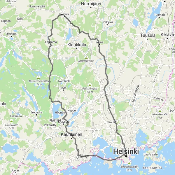 Map miniature of "The Lakes and Forests Ride" cycling inspiration in Helsinki-Uusimaa, Finland. Generated by Tarmacs.app cycling route planner