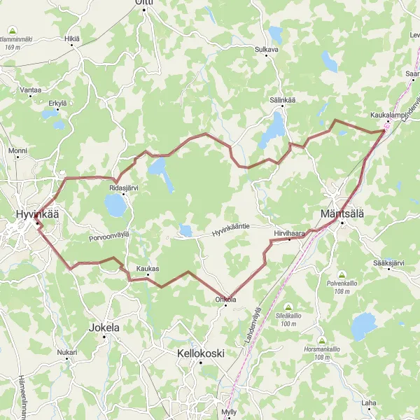 Map miniature of "Hyvinge Gravel Loop" cycling inspiration in Helsinki-Uusimaa, Finland. Generated by Tarmacs.app cycling route planner