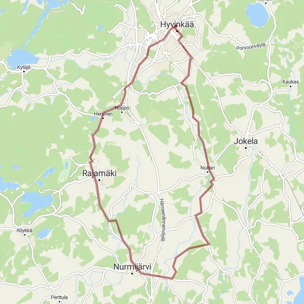 Map miniature of "Nukari and Rajamäki Gravel Tour" cycling inspiration in Helsinki-Uusimaa, Finland. Generated by Tarmacs.app cycling route planner