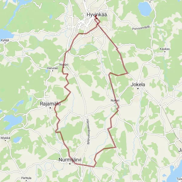 Map miniature of "Hyvinge Gravel Adventure" cycling inspiration in Helsinki-Uusimaa, Finland. Generated by Tarmacs.app cycling route planner