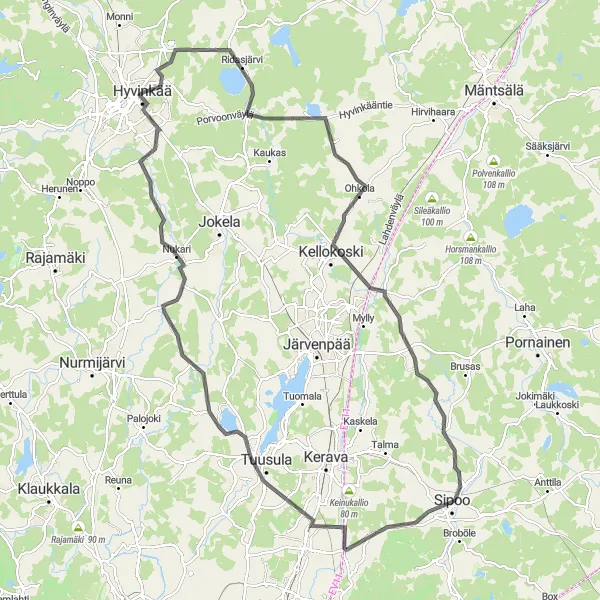 Karttaminiaatyyri "Nurmijärven lenkki" pyöräilyinspiraatiosta alueella Helsinki-Uusimaa, Finland. Luotu Tarmacs.app pyöräilyreittisuunnittelijalla