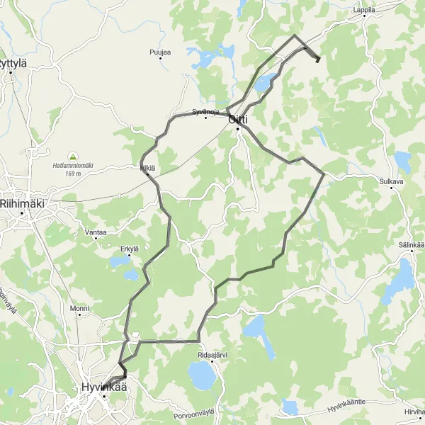 Map miniature of "Hikiä Lakeside Escape" cycling inspiration in Helsinki-Uusimaa, Finland. Generated by Tarmacs.app cycling route planner