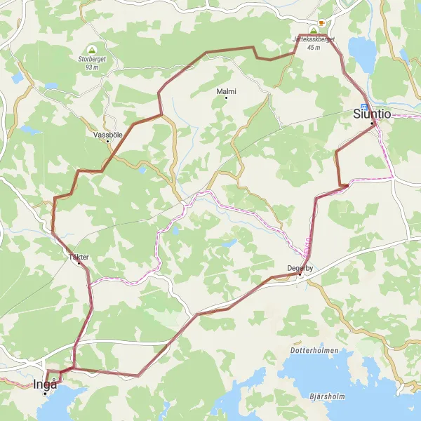 Map miniature of "Gravel Route to Täkter, Jättekaskberget, Degerby, and Ingå" cycling inspiration in Helsinki-Uusimaa, Finland. Generated by Tarmacs.app cycling route planner