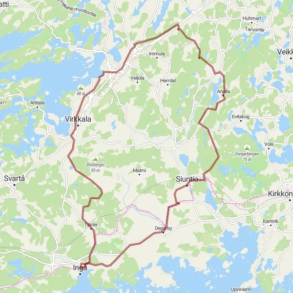 Map miniature of "Extended Gravel Ride to Täkter, Virkkala, Lohja, Siuntio, and Ingå" cycling inspiration in Helsinki-Uusimaa, Finland. Generated by Tarmacs.app cycling route planner