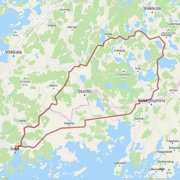 Karttaminiaatyyri "Merellinen gravel-reitti Saaristomeren rannalla" pyöräilyinspiraatiosta alueella Helsinki-Uusimaa, Finland. Luotu Tarmacs.app pyöräilyreittisuunnittelijalla