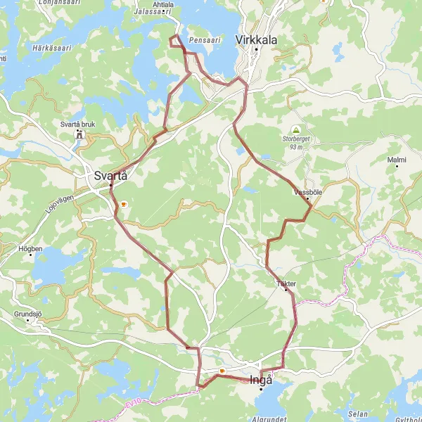 Map miniature of "Gravel Path to Ingå Station, Svartå, and Ingå" cycling inspiration in Helsinki-Uusimaa, Finland. Generated by Tarmacs.app cycling route planner