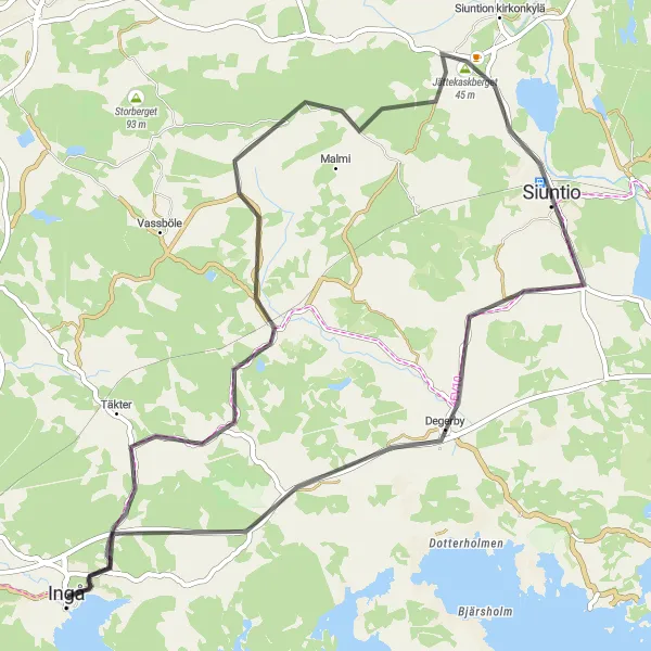 Map miniature of "Ingå Coastal Excursion - Short But Sweet" cycling inspiration in Helsinki-Uusimaa, Finland. Generated by Tarmacs.app cycling route planner