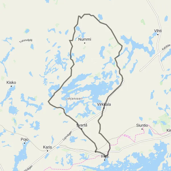 Map miniature of "Challenging Road Adventure to Karjalohja, Sammatti, Hyönölä, Lohja, and Täkter" cycling inspiration in Helsinki-Uusimaa, Finland. Generated by Tarmacs.app cycling route planner