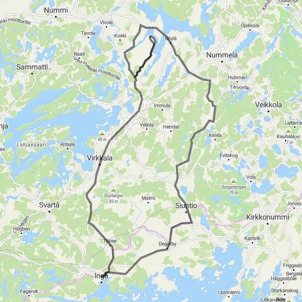 Map miniature of "Road Cycling Adventure to Ingå, Virkkala, Lempola, Siuntio, Degerby, and Lågnäs" cycling inspiration in Helsinki-Uusimaa, Finland. Generated by Tarmacs.app cycling route planner