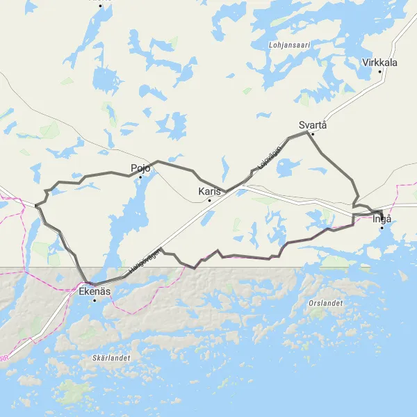 Map miniature of "Ingå Country Road Adventure" cycling inspiration in Helsinki-Uusimaa, Finland. Generated by Tarmacs.app cycling route planner