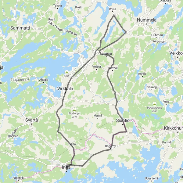 Map miniature of "Ingå Loop - Coastal Road Cycling" cycling inspiration in Helsinki-Uusimaa, Finland. Generated by Tarmacs.app cycling route planner