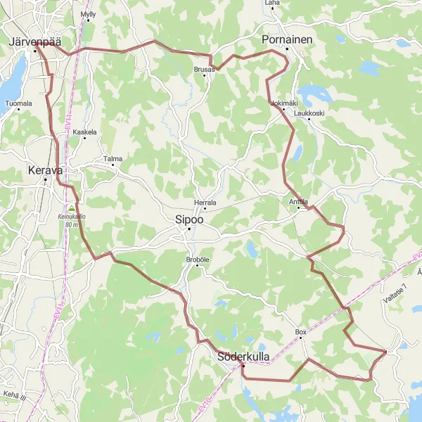 Map miniature of "Järvenpää - Ristinummi Loop" cycling inspiration in Helsinki-Uusimaa, Finland. Generated by Tarmacs.app cycling route planner