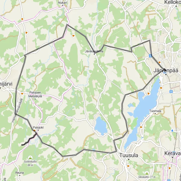 Karttaminiaatyyri "Järvenpää - Kaakkola - Lintutorni - Alikylä - Haukkaankallio - Ilvesvuori" pyöräilyinspiraatiosta alueella Helsinki-Uusimaa, Finland. Luotu Tarmacs.app pyöräilyreittisuunnittelijalla