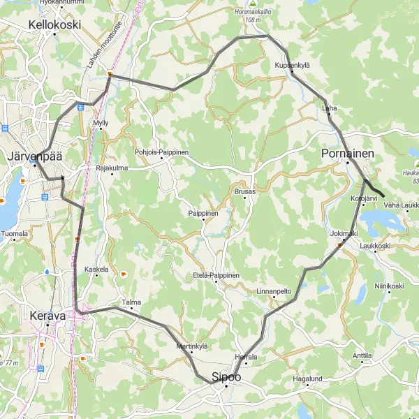 Karttaminiaatyyri "Järvenpää - Kuljunmäki - Pornainen - Sipoo - Haukkavuori - Satukallio" pyöräilyinspiraatiosta alueella Helsinki-Uusimaa, Finland. Luotu Tarmacs.app pyöräilyreittisuunnittelijalla