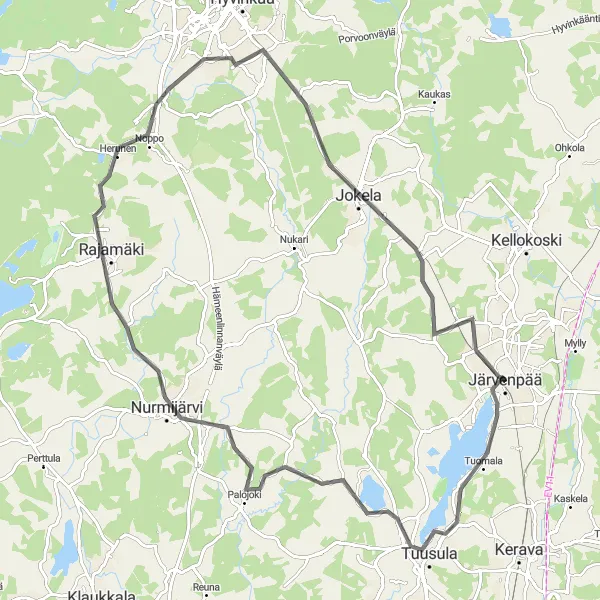 Karttaminiaatyyri "Järvenpää - Jokela - Järvenpää kierros" pyöräilyinspiraatiosta alueella Helsinki-Uusimaa, Finland. Luotu Tarmacs.app pyöräilyreittisuunnittelijalla