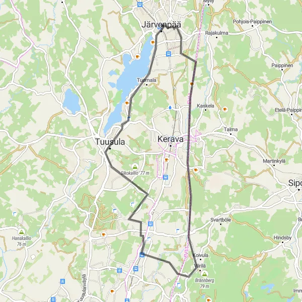 Map miniature of "Järvenpää - Keskus Loop" cycling inspiration in Helsinki-Uusimaa, Finland. Generated by Tarmacs.app cycling route planner