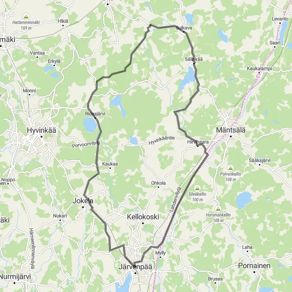 Karttaminiaatyyri "Järvenpää - Ridasjärvi - Hirvihaara reitti" pyöräilyinspiraatiosta alueella Helsinki-Uusimaa, Finland. Luotu Tarmacs.app pyöräilyreittisuunnittelijalla