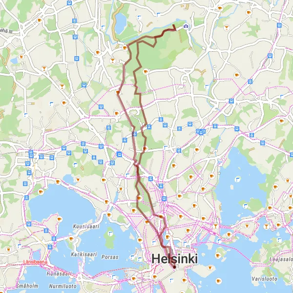 Karttaminiaatyyri "Mäntymäki - Pirkkola - Raikukallio - Ruskeasuo - City Centre" pyöräilyinspiraatiosta alueella Helsinki-Uusimaa, Finland. Luotu Tarmacs.app pyöräilyreittisuunnittelijalla