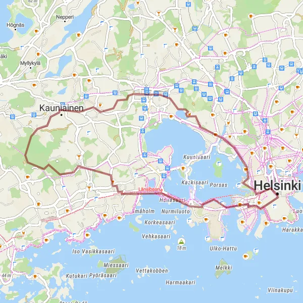 Map miniature of "Scenic Backroads Gravel Route" cycling inspiration in Helsinki-Uusimaa, Finland. Generated by Tarmacs.app cycling route planner