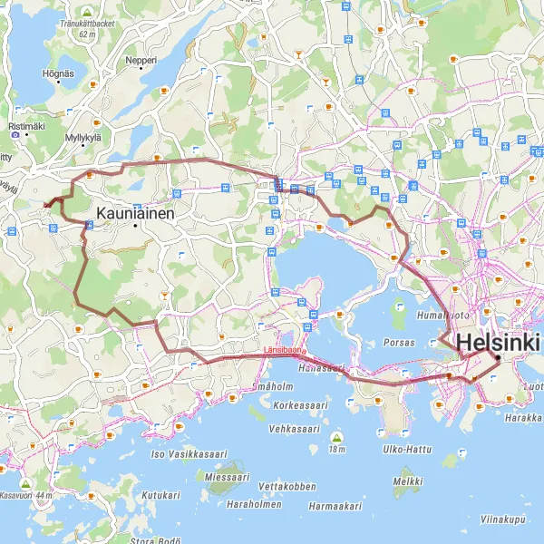 Map miniature of "Exploring Nature Gravel Tour" cycling inspiration in Helsinki-Uusimaa, Finland. Generated by Tarmacs.app cycling route planner