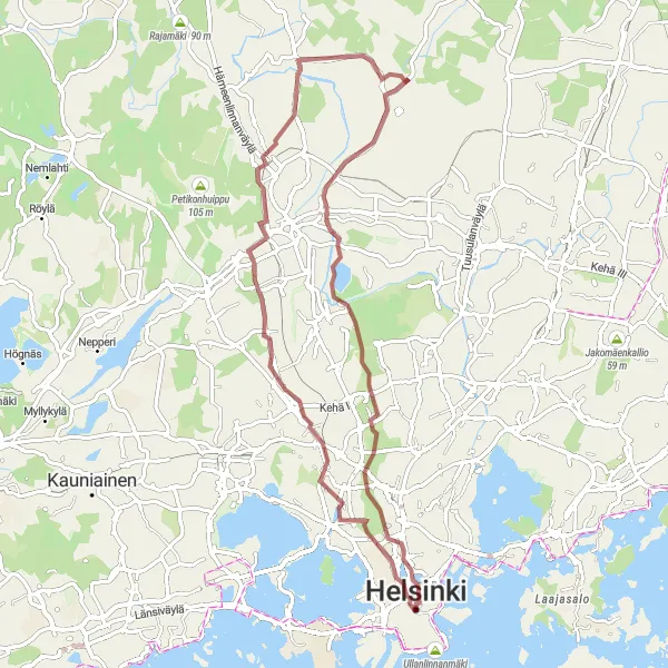 Karttaminiaatyyri "Linnunlaulu - Kirkkokallio - Honkasuo - Mäntymäki - City Centre" pyöräilyinspiraatiosta alueella Helsinki-Uusimaa, Finland. Luotu Tarmacs.app pyöräilyreittisuunnittelijalla