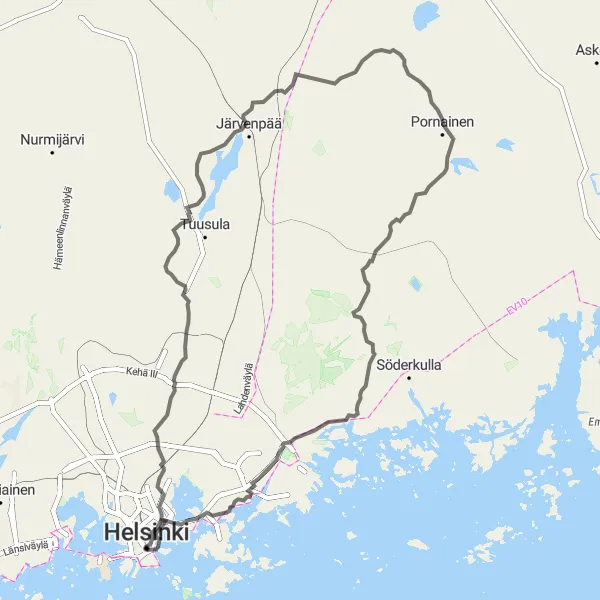 Map miniature of "Challenging Road Tour" cycling inspiration in Helsinki-Uusimaa, Finland. Generated by Tarmacs.app cycling route planner