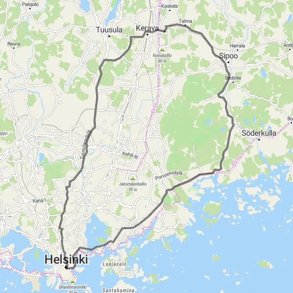 Karttaminiaatyyri "Linnunlaulu - Helsingin pitäjän kirkonkylä - Aurinkomäki - Hindsby - City Centre" pyöräilyinspiraatiosta alueella Helsinki-Uusimaa, Finland. Luotu Tarmacs.app pyöräilyreittisuunnittelijalla