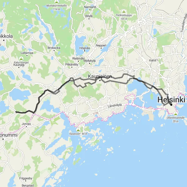 Map miniature of "Hilly Road Tour" cycling inspiration in Helsinki-Uusimaa, Finland. Generated by Tarmacs.app cycling route planner