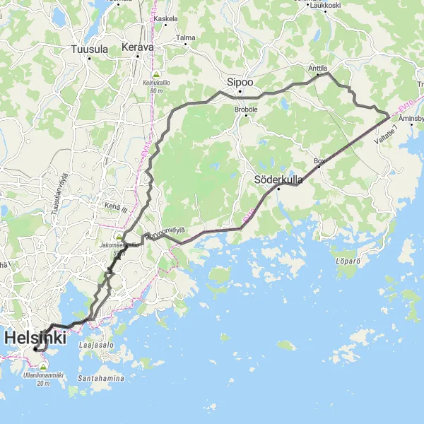 Map miniature of "Ultimate Helsinki Road Challenge" cycling inspiration in Helsinki-Uusimaa, Finland. Generated by Tarmacs.app cycling route planner