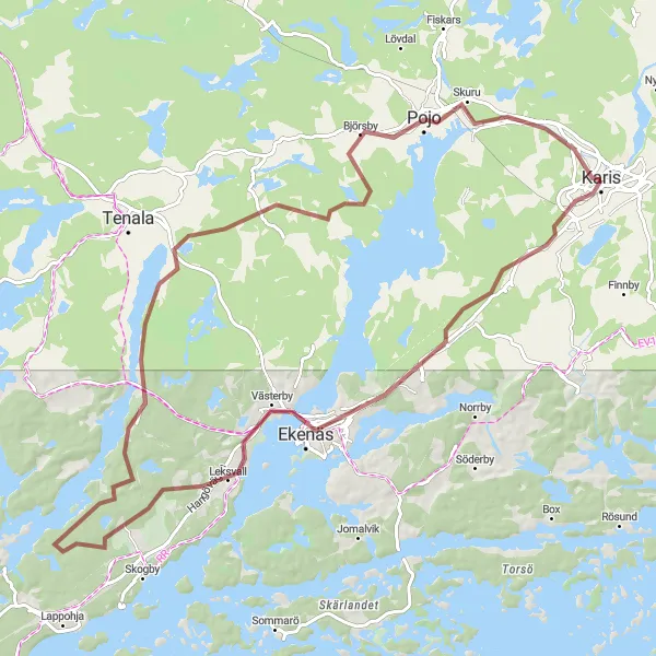 Map miniature of "Scenic Gravel Adventure in Karis and Pojo" cycling inspiration in Helsinki-Uusimaa, Finland. Generated by Tarmacs.app cycling route planner