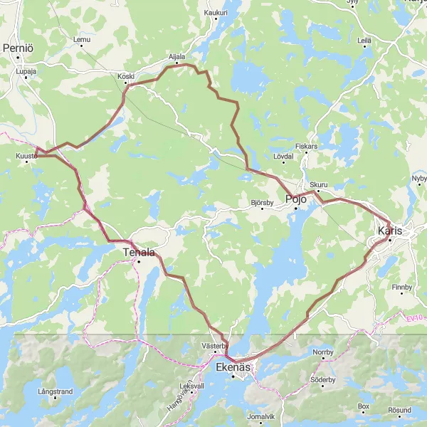 Map miniature of "Karis - Tenala - Latokartano - Trädbollstad - Karis" cycling inspiration in Helsinki-Uusimaa, Finland. Generated by Tarmacs.app cycling route planner